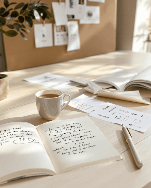 Sketchbooks, notes, and coffee on a studio workspace