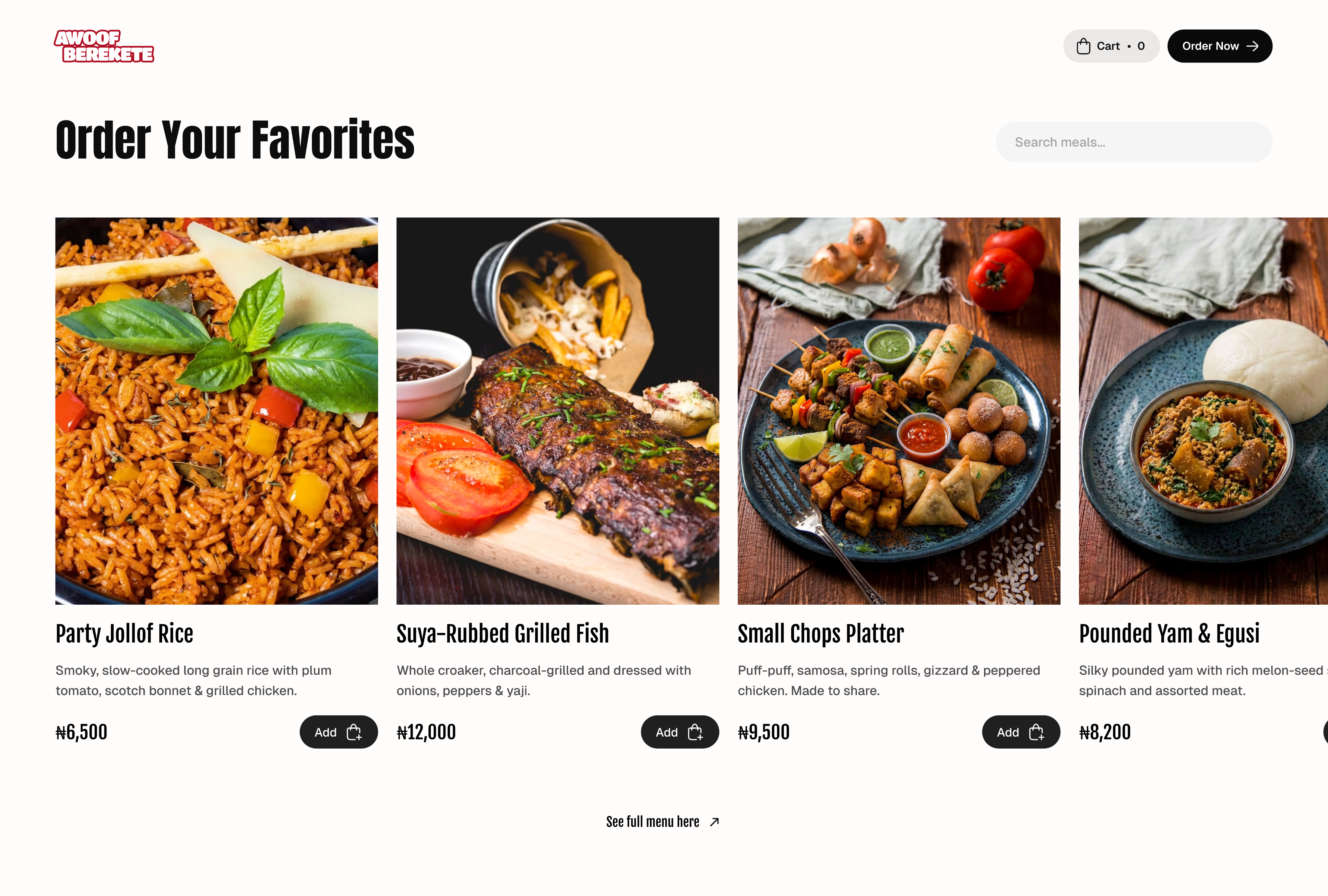 Awoof menu-first website interface